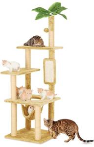 lot 4281 image: TSCOMON 55 Cat Tree for Indoor Cats with Green Leaves, Multi-Level Large Cat Tower for Indoor Cats with Hammock, Plush Cat House with Hang Ball Toy and Cat Sisal Scratching Posts Cat Furniture, Beige