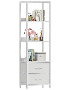 lot 4289 image: Furnulem 4-Tier Corner Shelf, Bookshelf with 2 Storage Drawers, 57.28 Tall Narrow Bookcase, Standing Shelf Organizer Unit for Living Room, Bedroom, Metal Frame, Wood Display Shelf