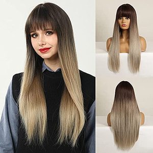 lot 4290 image: CAUGHTOO Long Straight Wig with Bangs Dark Ash Blonde Wig Synthetic Wigs for Women Long Straight Wig Ombre Dark Ash Blonde wig for Daily Party Use 28Inch(Dark Ash Blonde)