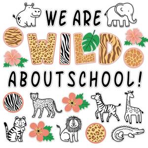 lot 4307 image: Safari We Are Wild About School Bulletin Board Set Classroom Bulletin Board Animals Theme Wall Decor Classroom Decorations Sign Paper with Glue Point Dots for Primary School Kindergarten Middle School