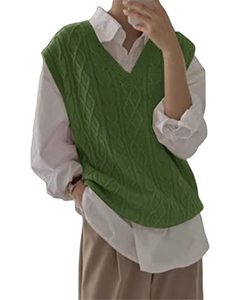 lot 4313 image: Womens V Neck Sweater Vest Oversized Sleeveless Loose Knit Tops Cable Sleeveless Sweater Green