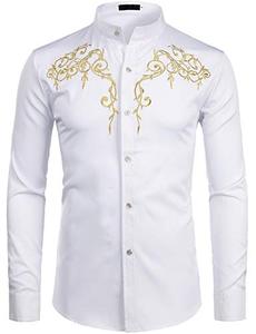 lot 4316 image: ZEROYAA Mens Hipster Design Golden Floral Embroidery Slim Fit Long Sleeve Mandarin Collar Shirts Tops ZZCL08 White X Large