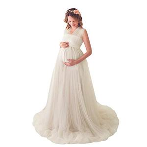 lot 4320 image: Women Transformer Convertible Tulle Maternity Dress Off Shoulder Multi Way Wrap Halter Slim Fit Gown Wedding Evening Party Maxi Pregnancy Baby Shower Dress for Photography Photo Shoot Z#Beige X-Large