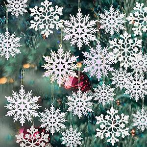 lot 4326 image: 36 Pack Plastic White Snowflake Ornaments Christmas Winter Decorations, Hanging Snowflake Decorations for Winter Wonderland Christmas Tree