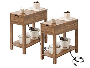 lot 3898 image: Labcosi 2-Pack Modern Farmhouse Side Table, Narrow End Table with Charging Station, Flip Top End Table with Storage Shelf, Rustic Oak Color