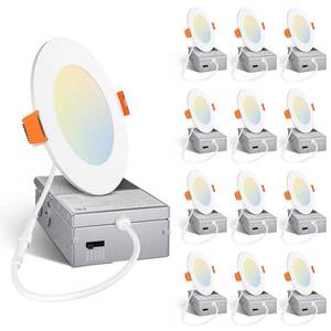 lot 3900 image: Amico 12 Pack 4 Inch 5CCT Ultra-Thin LED Recessed Dimmable CanCeiling Light with Junction Box, 2700K3000K3500K4000K5000K Selectable, 11W Eqv 70W, 800LM High Brightness Wafer Downlight - ETL&FCC