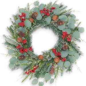 lot 3905 image: Winter Wreaths for Front Door 24 inch, Winter Greenery Eucalyptus Wreath with Hook Artificial Cedar Wreaths Christmas Berries Pinecones Wreaths for Windows Wall Christmas Decorations Indoor Outdoor