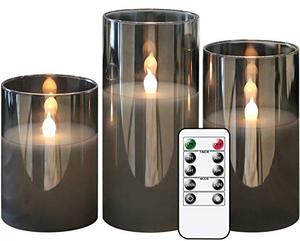 lot 3908 image: GenSwin Gray Glass Battery Operated Flameless Led Candles with 10-Key Remote and Timer, Real Wax Candles Warm White Flickering Light for Home Decoration(Set of 3)