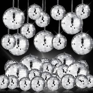 lot 3912 image: 20 Pcs Hanging Mirror Disco Ball Ornaments Mardi Gras Assorted Silver Mini Glass Disco Balls Decoration Different Sizes Reflective with Rope(4 Inch, 6 Inch)