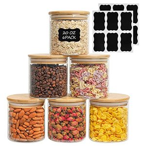 lot 3932 image: ComSaf Airtight Glass Food Storage Jars Set of 6, Clear Glass Food Storage Container with Sealing Bamboo Wooden Lid, Stackable Spice Jar, Kitchen Canister for Sugar, Tea, Coffee beans, Flour and Pasta