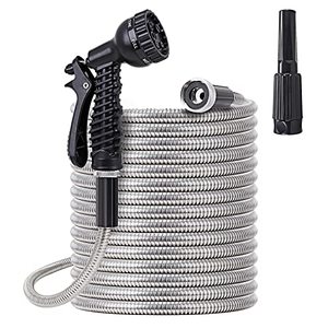 lot 1376 image: FOXEASE Metal Water Hose 100 ft - Stainless Steel Water Hose with 2 Nozzles, Lightweight, Tangle Free & Kink Free, Heavy Duty, High Pressure, Flexible, Dog Proof