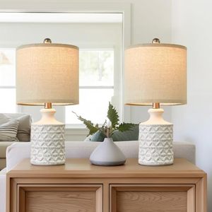 lot 1382 image: PoKat 20 Farmhouse White Ceramic Table Lamp Set of 2 for Living Room Small Beside Lamp Bedroom Nightstand Lamp End Table Lamps