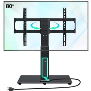 lot 1383 image: Greenstell TV Stand with Power Outlet, Universal TV Mount Stand for 37-80 inch TVs, Height Adjustable, Swivel Table Top TV Stand with Tempered Glass Base, Holds up to 100 LBs, Max VESA 600x400mm