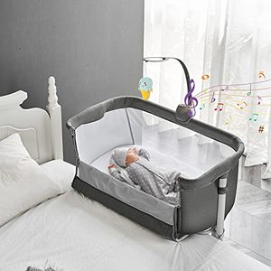 lot 1389 image: Yacul Baby Bassinet Bedside Sleeper, with Music Box, Easy to Assemble Bed to Bed, Adjustable Portable Crib for Infants Baby Boys and Girls (Dark Gray)