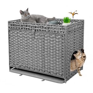 lot 1413 image: DOVEAID Cat Litter Box Enclosure Furniture Hidden, Pet House Litter Box Furniture for Large Cats, Handwoven Rattan with Door Cat Washroom Box, Indoor Cat House Storage with Soft Litter Mat, Grey