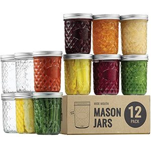 lot 2766 image: Paksh Novelty Mason Jars - Food Storage Container - 12-Pack Quilted Wide Mouth Glass Jars - Airtight Container for Pickling, Canning, Candles, Home Decor, Overnight Oats, Fruit Preserves