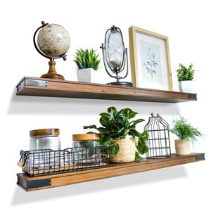 lot 2768 image: Willow & Grace Floating Shelves for Wall, Wood Shelf, Long Floating Shelf for Wall, Floating Wood Shelves for Wall, Wooden Shelf 36-inch - Light Walnut