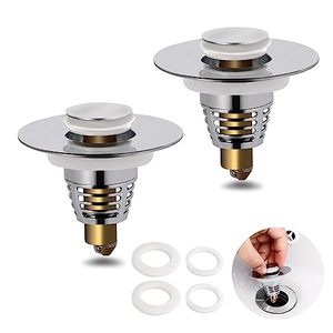 lot 3963 image: AJOMAN Universal Bathroom Sink Stopper with Hair Catcher, Bathtub Drain Strainer Pop Up 1.1-1.5 Push Type Basin Filter, 2 PCs Anti Clogging Filter