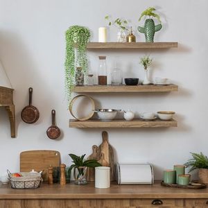 lot 5595 image: Floating Shelves, Solid Wood Shelf Set of 3,Floating Shelves for Wall Rustic Farmhouse Wooden Shelves, Bathroom Wall Shelf with Invisible Brackets for Storage, Bedroom,Office Decor(Light Brown)
