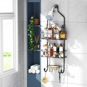 lot 5603 image: LEVERLOC Shower Caddy Over Shower Head Anti-Swing with Strong Suction Cup, Shower Organizer Hanging Rustproof with Hooks for Razor Towel and Sponge, Shower Shelf for Bathroom, Metal Black