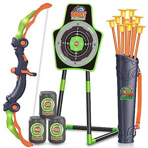 lot 5604 image: SpringFlower Bow and Arrow Toys for Kids, Archery Set Includes Super Bow with LED Lights, 10 Suction Cups Arrows,Archery Set with Standing Target and 3 Target Cans for Boys and Girls
