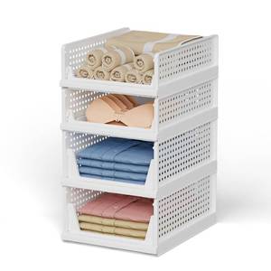 lot 5623 image: MVSRWLL Stackable Plastic Storage Basket Bin Shelf Box for Closet Wardrobe Organizer 4 Pack Foldable Clothes Drawer Storage Container for Cupboard Kitchen Bathroom Bedroom Office (White)(2L2S)
