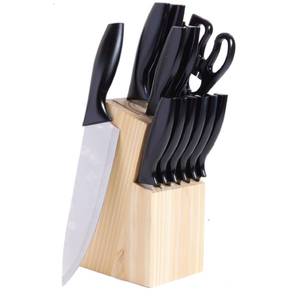 lot 2806 image: Helston 14 Piece Stainless Steel Cutlery Set with Pine Wood Block
