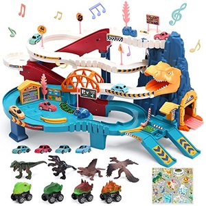 lot 3880 image: CUTE STONE Race Track Playset with 4 Mini Cars, 4 Dino Pull Back Cars, Dinosaur Figures, Educational Toy Vehicle Playset for 3-5 Year Old Kids