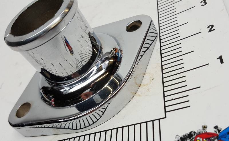 lot 6436 image: New 1955 thru 1987 Chevy V8 chrome thermostat housing for gasket or O ring.