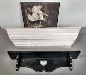 lot 18 image: Two Wall Shelves & Hobby Lobby Painting Wall Decor 18x16x1.5 - Large Shelf 36x7x6