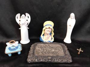 lot 27 image: Spiritual Collection - Figuries, Flower Vase, Plaque, Cross Necklace, Angel Trinket Box, Virgin Mary, Praying Angel