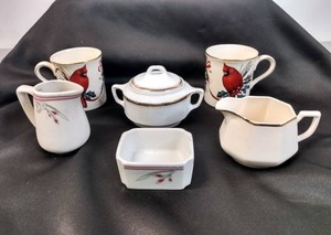 lot 29 image: Lenox Ivory China Cardinal Coffee Cups, Rego and Homer Laughlin Cream & Sugar Servers