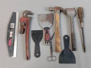 lot 41 image: Tool Lot Including Sure Bilt 14 & 38 Ratchet, Heavy Duty Pipe Wrench, Painting Tools, Drill Bits, DeWalt Container