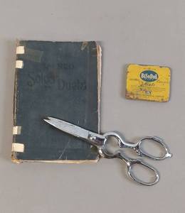 lot 48 image: Vintage Music Book, BiSoDol Tin & Fuller Brush Scissors