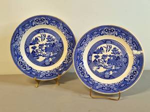 lot 61 image: Two 9 Plates - Vintage Blue Willow Transferware, Japan Blue and White Willow Transferware, Blue Willow China, Made in Japan, Asian 9 Plates