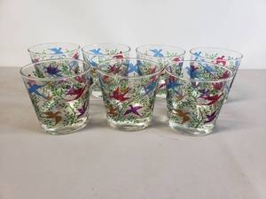 lot 62 image: Vintage LIBBEY Juice Lowball Glasses Birds Jewel Tones