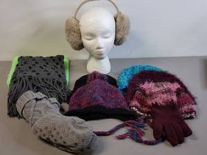 lot 64 image: Cozy Winter Wear, Includes Sherpa Lined Socks Grey Cable Knit, Faux Fur Earmuffs & Neon Green Turtleneck