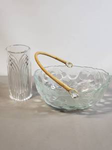 lot 70 image: Glass Fruit Embossed Bowl w Straw Handle & 7 Tall Art Deco Vase