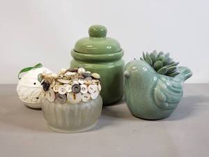 lot 73 image: Ceramic Sachet, Sage Green Airtight Container, Bird Planter & Button Decoupage Jar