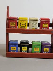 lot 115 image: 8 Mini Tea Tins w Wood Rack