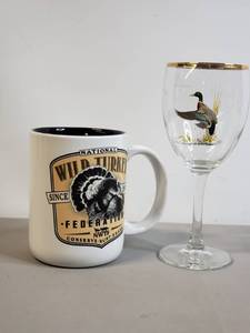 lot 120 image: Collectible Wildlife Conservation Jumbo Mug & Mallard Wine Glass w gold rim