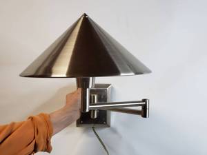 lot 140 image: Pair of Sconce Light Fixtures,Stainless Steel Shade Adjustable Arm  (one missing shade harp & finial)