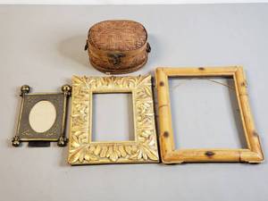 lot 143 image: 10x12 Bamboo Photo Frame, 9x11 Resin Photo Frame, 7.5 x 5.5 Brass Photo Frame & Hinged Basket