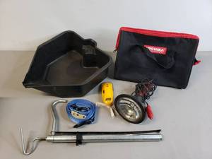 lot 148 image: Garage Items Includes 5 Gallon Bucket Pump, Oil Pan, Lighter Flashlight, Tool Bag