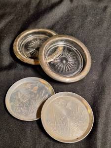 lot 180 image: Vintage (2)Glass & Sterling AshtrayCoasters & (2)Janis Metal Aluminum Coasters 1950s Flying Ducks Geese Cattails