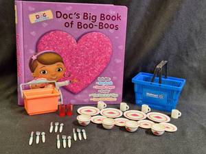 lot 182 image: Vintage Barbie Dishes & Silverware & NEW Doc McStuffins JournalActivities Book