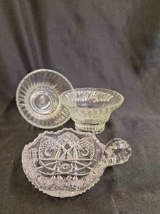 lot 192 image: Imperial Glass Co Ohio - EAPG - Single Handled Nappy Dish - 5 dia x 1-58 high & Pair Glass Swirl Pedestal Bowls