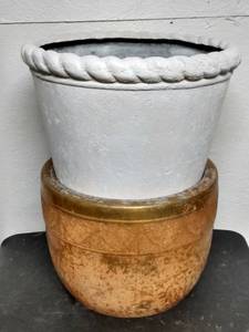lot 215 image: 2 Large Planters White is Plastic 17x14, Orange is Metal 15x11