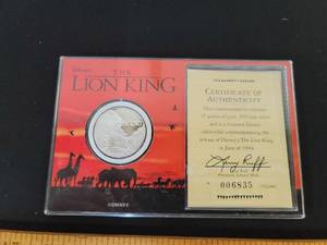 lot 114 image: The Lion King Commemorative 25 Grams of pure .999 fine silver  wCertificate of Authenticity