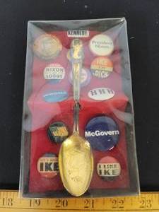 lot 116 image: John F Kennedy Spoon, Ike and Nixon Presidential election pins and more